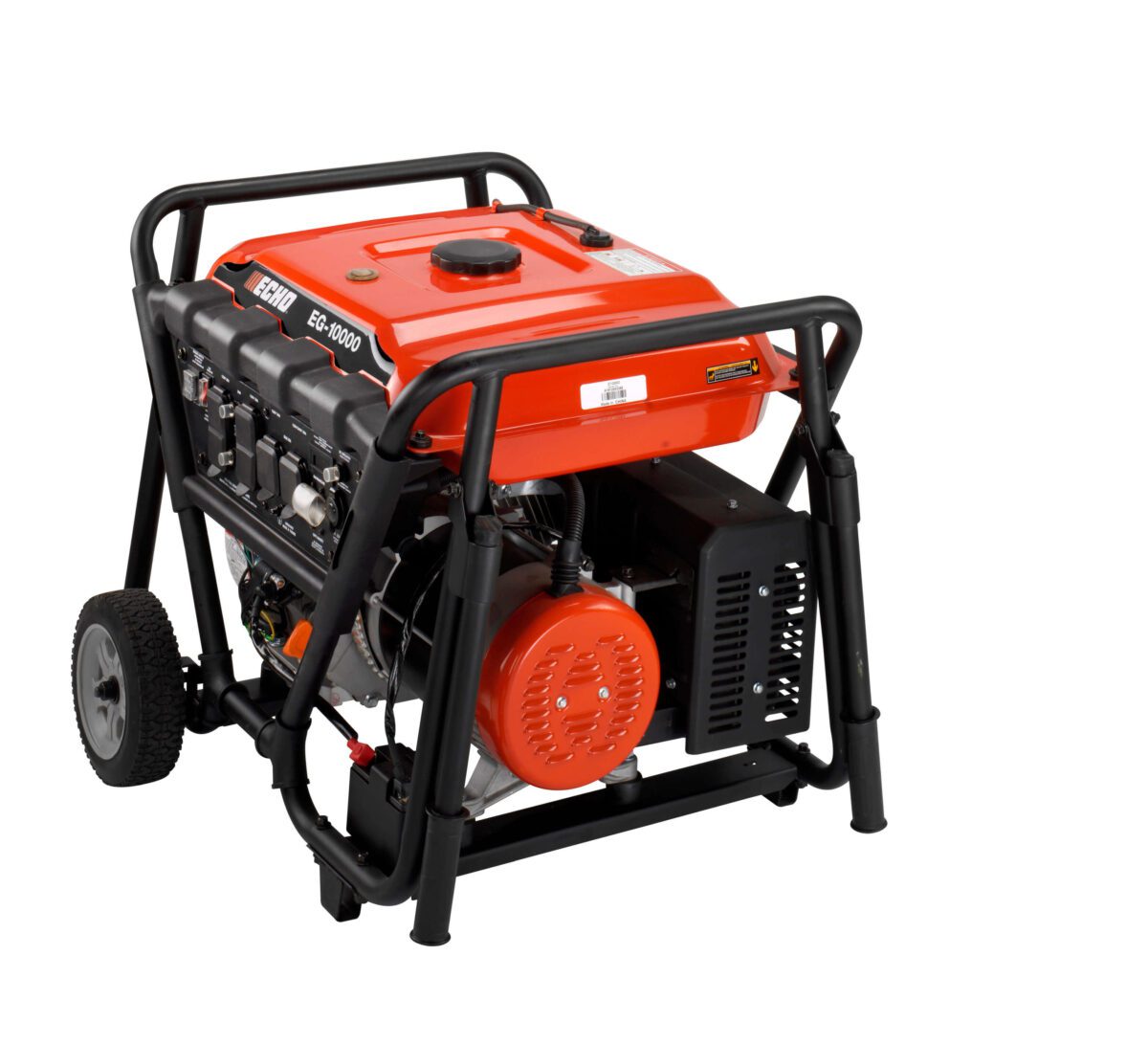 A portable red and black generator with wheels and a handle, featuring multiple outlets and a visible fuel tank.
