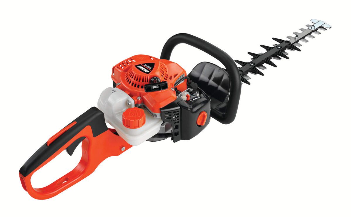 A red and black gas-powered hedge trimmer with a long blade and ergonomic handle, designed for trimming hedges and bushes.