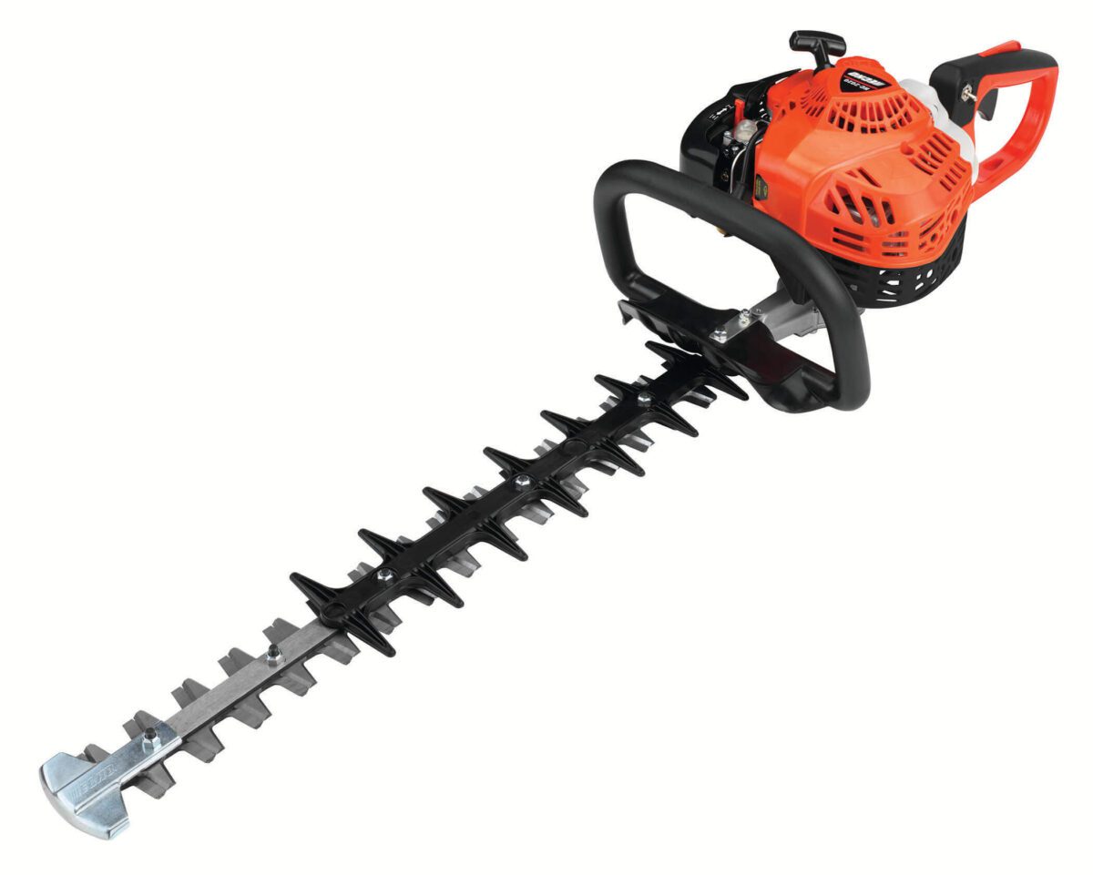 A red and black gas-powered hedge trimmer with a long blade featuring serrated teeth.
