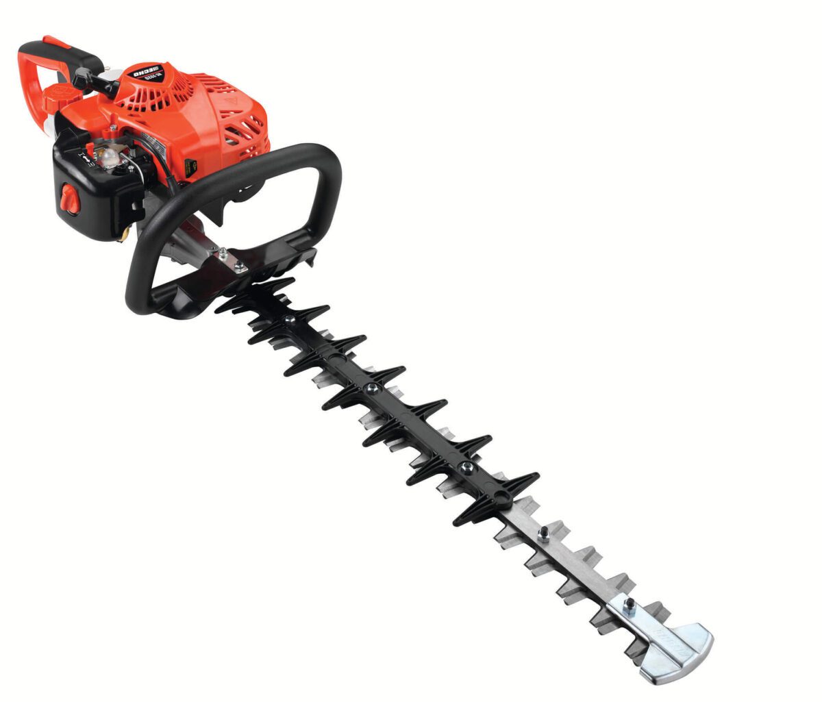 Gas-powered hedge trimmer with an orange engine housing, black dual-edge blades, and a loop handle.