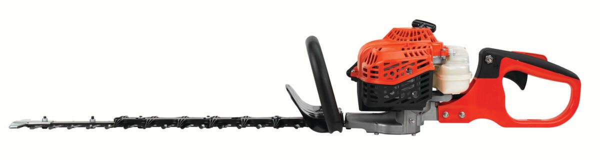 A red and black gas-powered hedge trimmer with a dual-action blade and ergonomic handle.