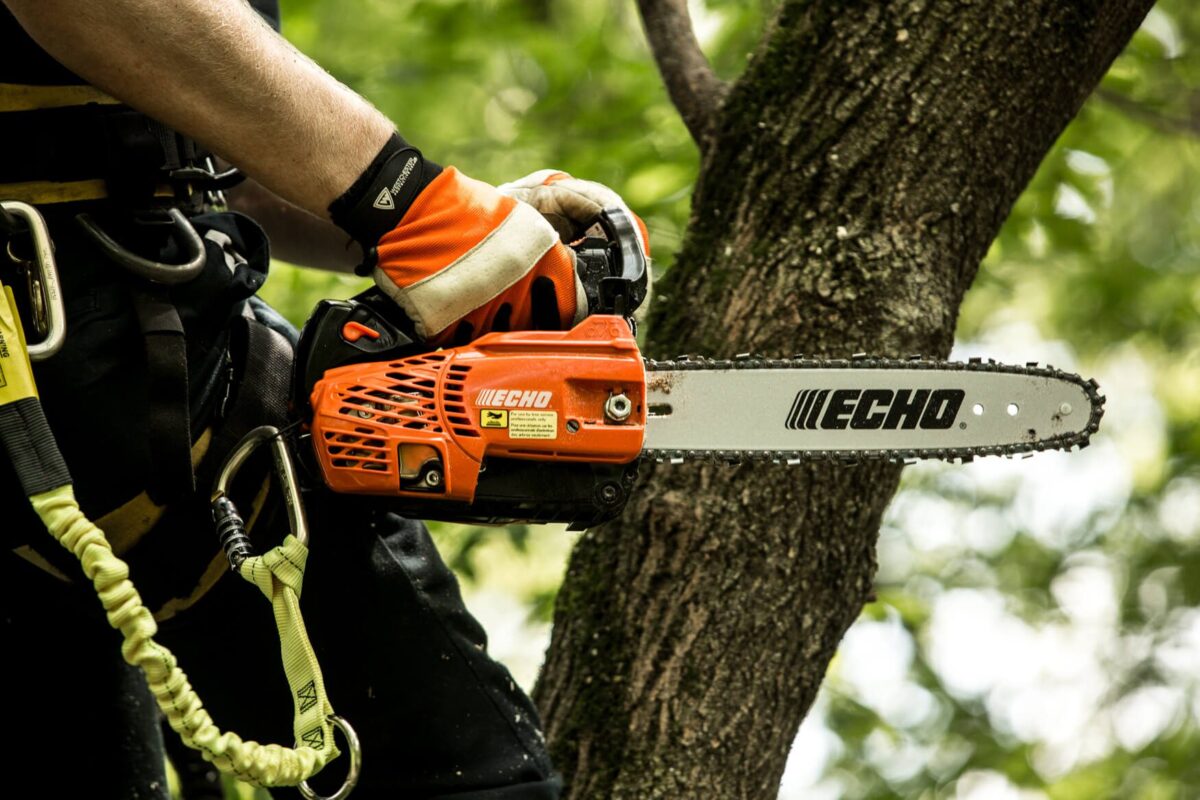Person holding an Echo chainsaw while standing on a tree, wearing gloves and a harness for safety.