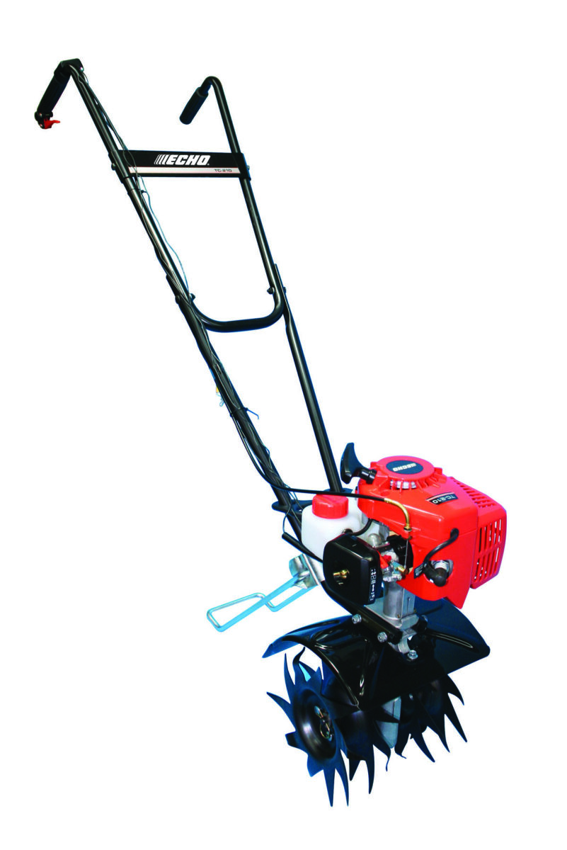 Red and black tiller with rotary tines, a handlebar with grips, and a small engine.
