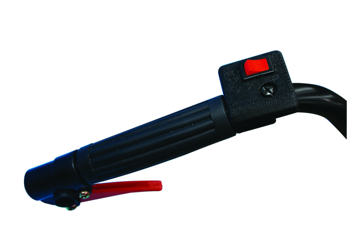 Close-up of a black plastic handle with a red trigger lever and a red button, mounted on a metal bar, isolated on a white background.