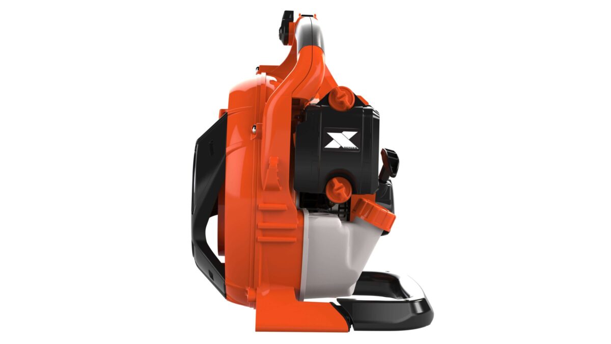 Orange and black handheld leaf blower with visible engine parts and a gray fuel tank.