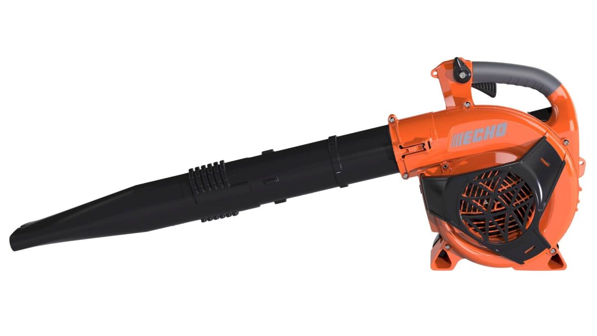 Orange and black leaf blower with a side handle, featuring a vented motor housing and a tapered nozzle for directing airflow.