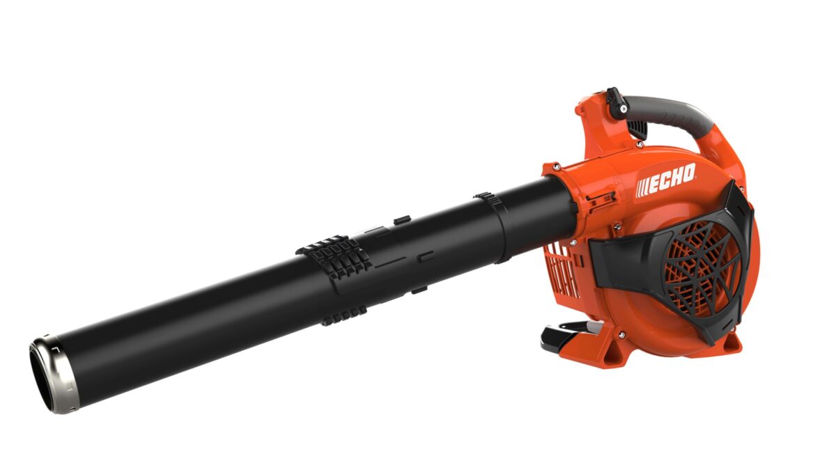 An orange and black handheld leaf blower with a long nozzle and handle.