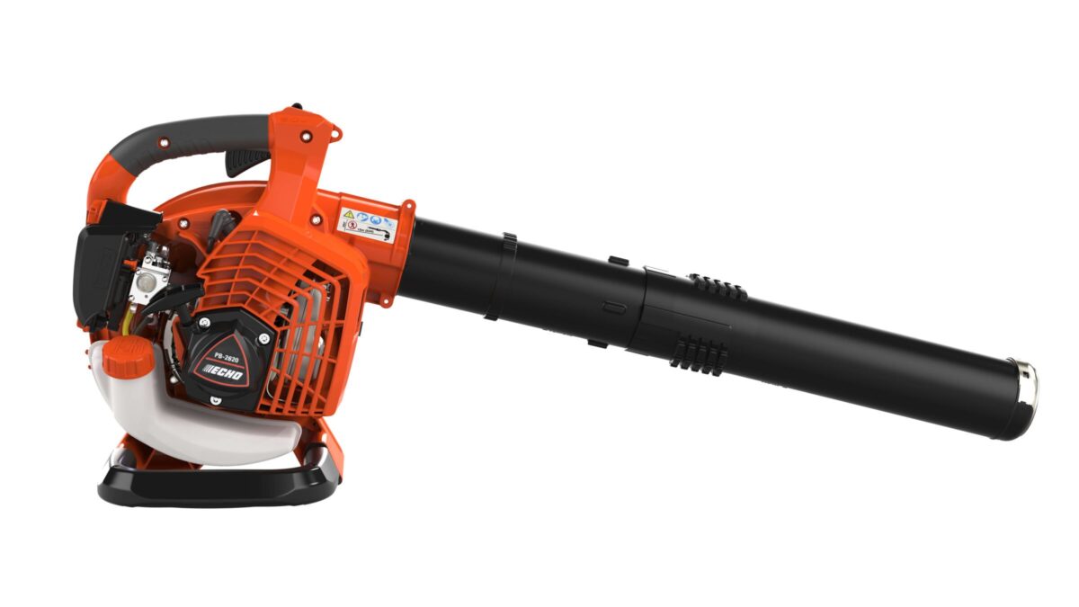 An orange and black leaf blower with a long nozzle and handle, featuring a visible engine and Echo branding on the side.