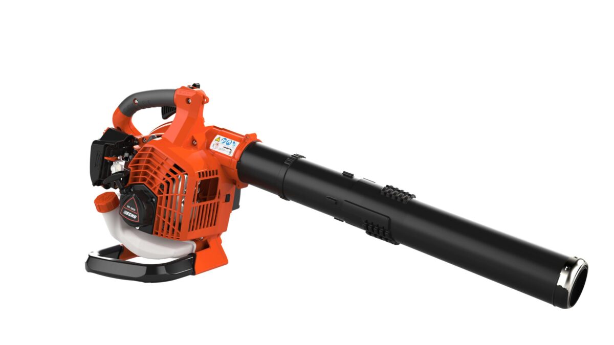 Orange and black handheld leaf blower with a long nozzle, ergonomic handle, and vented motor housing.