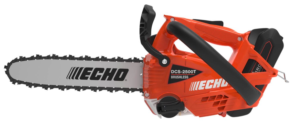 Orange Echo DCS-2500T brushless chainsaw with black handles and a silver cutting bar.