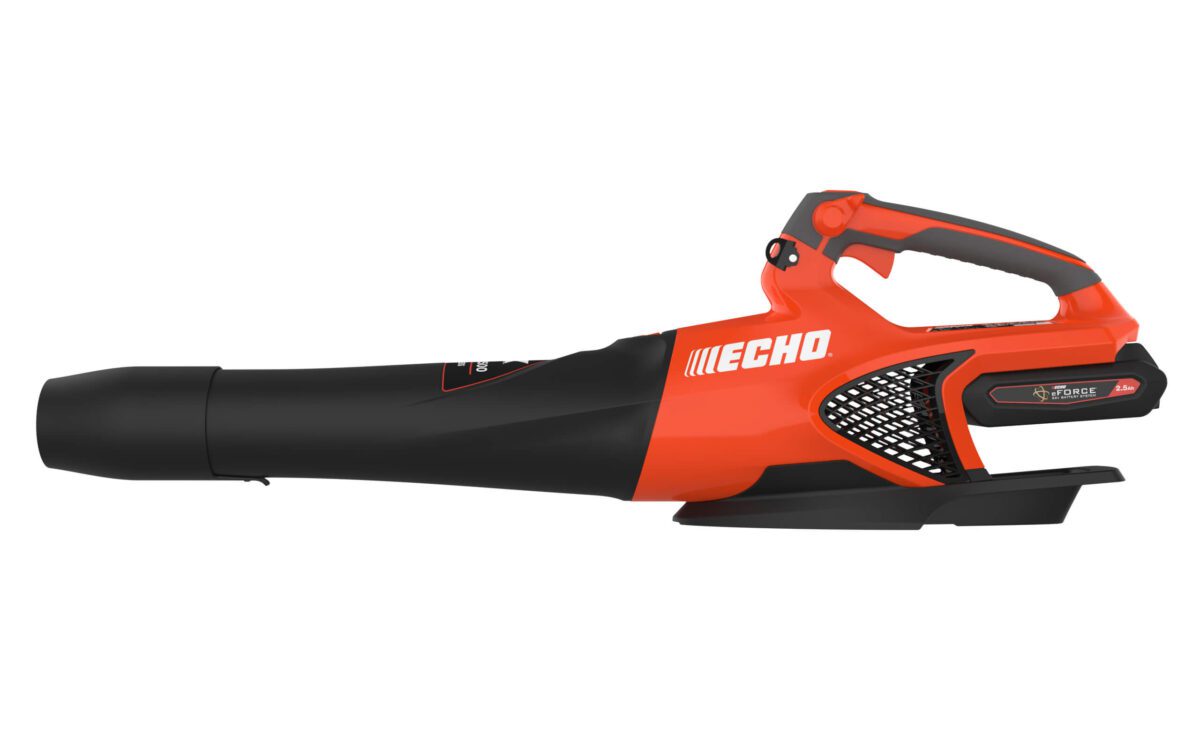 Red and black handheld leaf blower with the brand name ECHO displayed on the side. Equipped with a handle and a tapered nozzle.