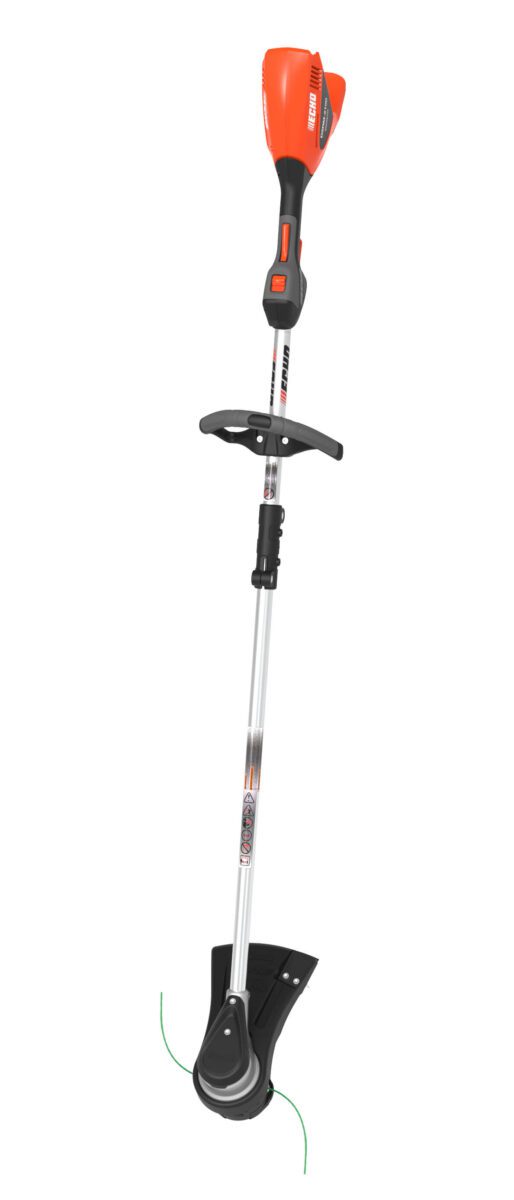 A red and silver electric string trimmer with a curved handle and green trimming line.