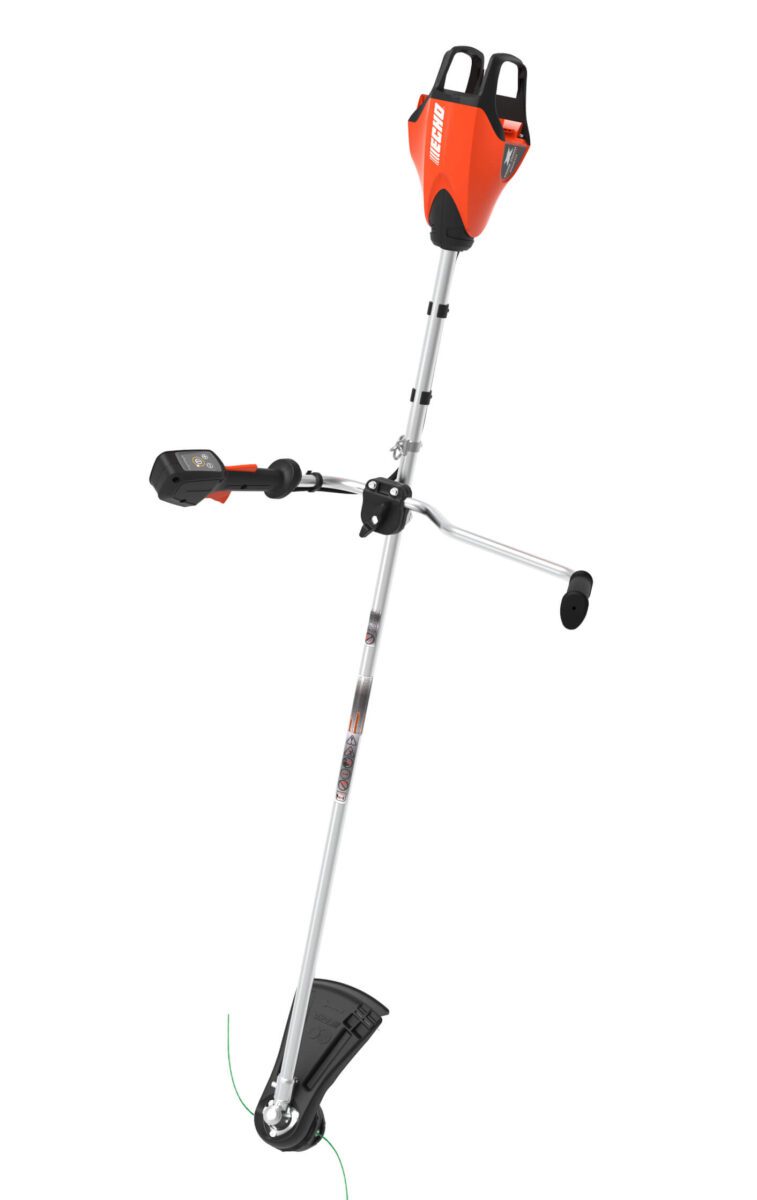 A red and silver electric string trimmer with a long shaft and dual handles, designed for cutting grass and weeds, against a white background.