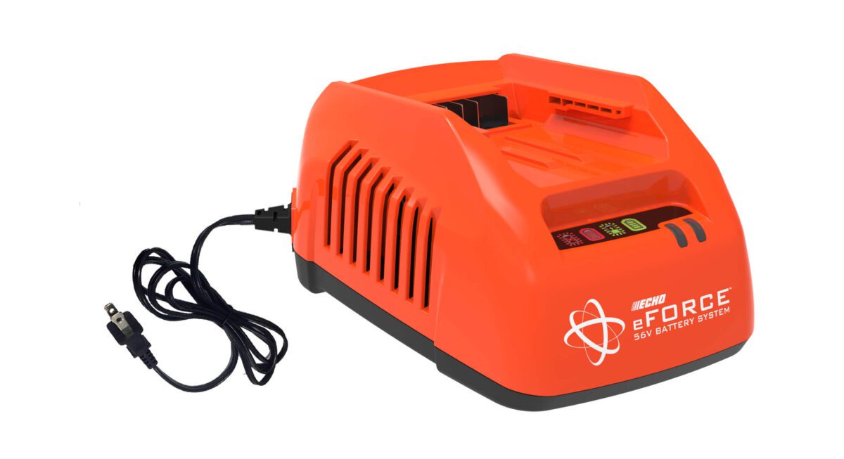 Orange battery charger with a black power cord and plug, featuring an "eFORCE" and "54V BATTERY SYSTEM" logo on the side. Buttons and indicator lights are on the top.