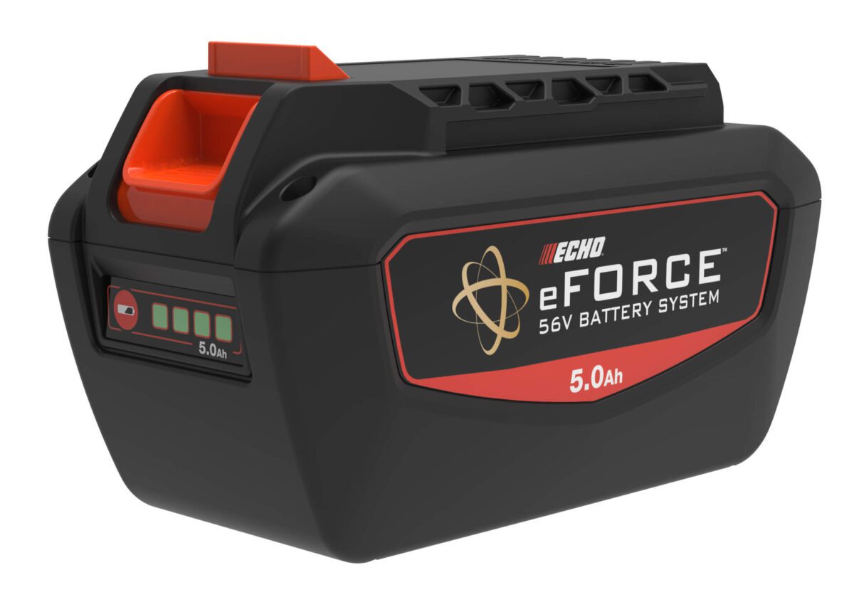 A black and red ECHO eForce 5.0Ah 56V battery with an orange release button and a charge indicator showing full battery.