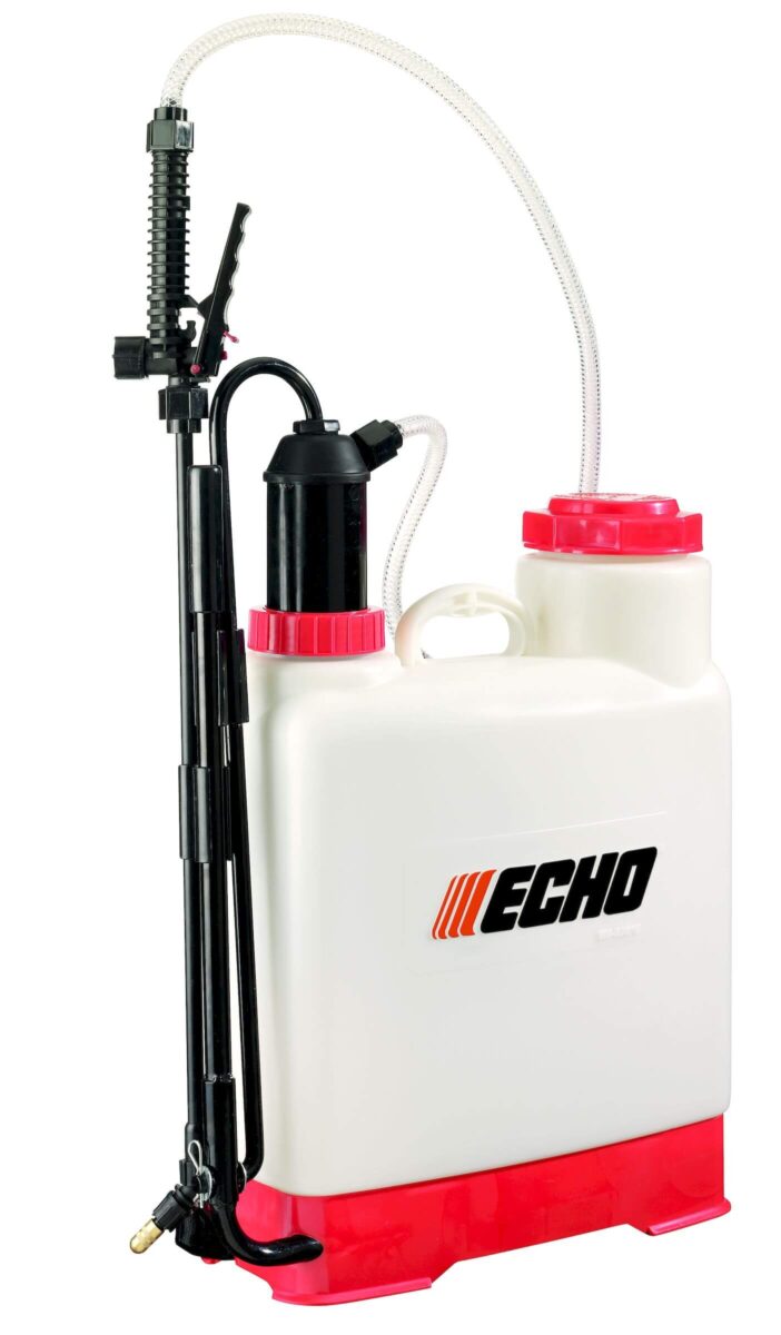 A white and red Echo backpack sprayer with a hose and wand attached, designed for applying liquid solutions.