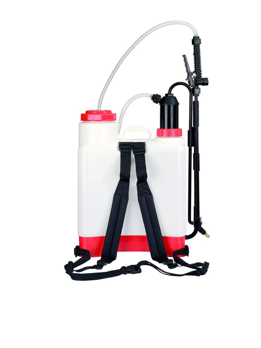 White and red backpack sprayer with black straps and a long hose, designed for efficient garden or agricultural use.
