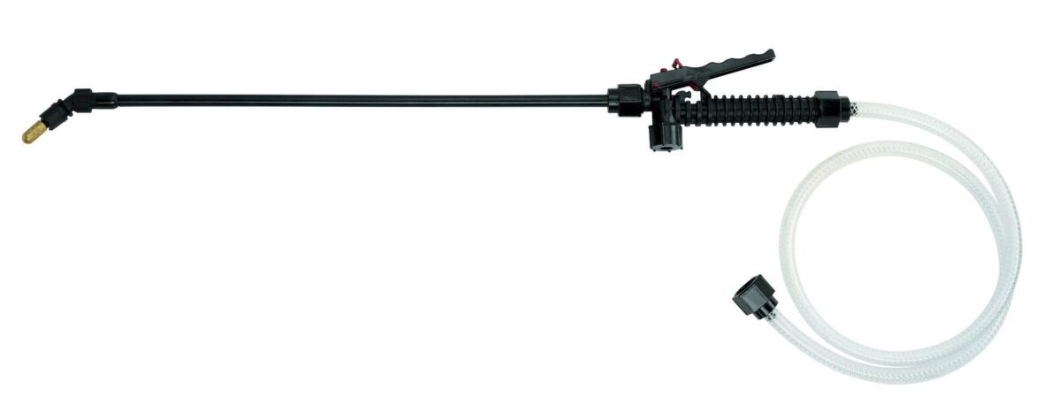 A hand-held sprayer with an extended nozzle and attached flexible hose, used for applying liquids.