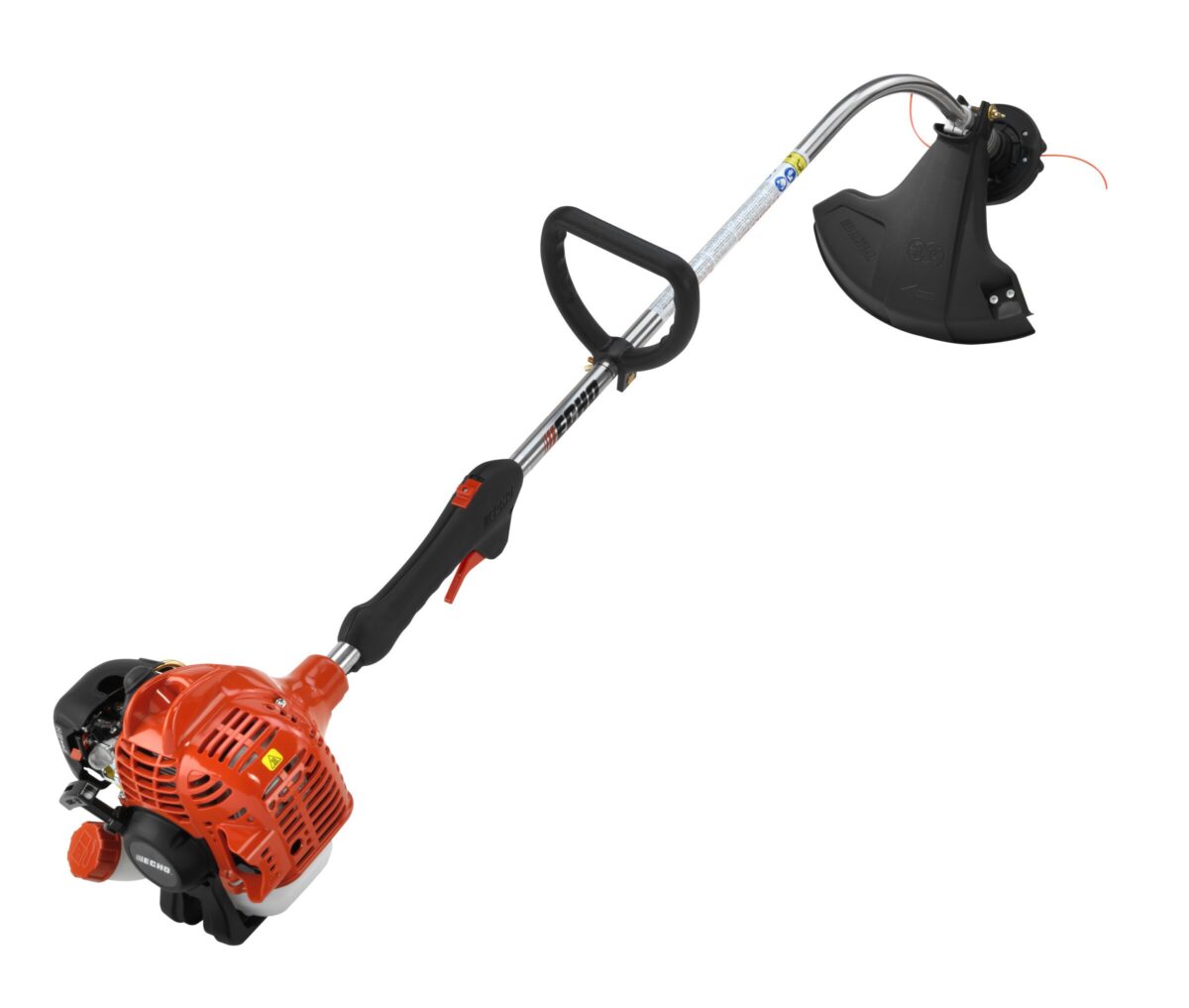 A red and black gas-powered string trimmer with a curved shaft and protective guard, used for trimming grass and weeds.