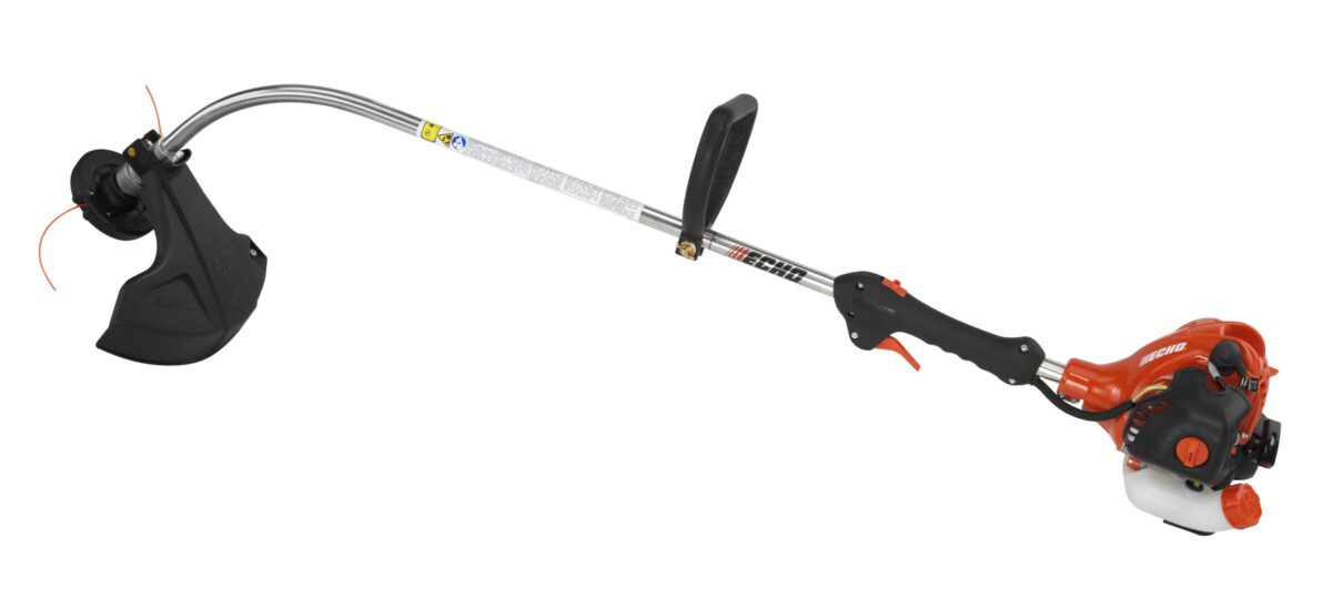 A gas-powered string trimmer with an orange engine, black handle, and a curved metal shaft ending in a black trimming head with a safety guard.