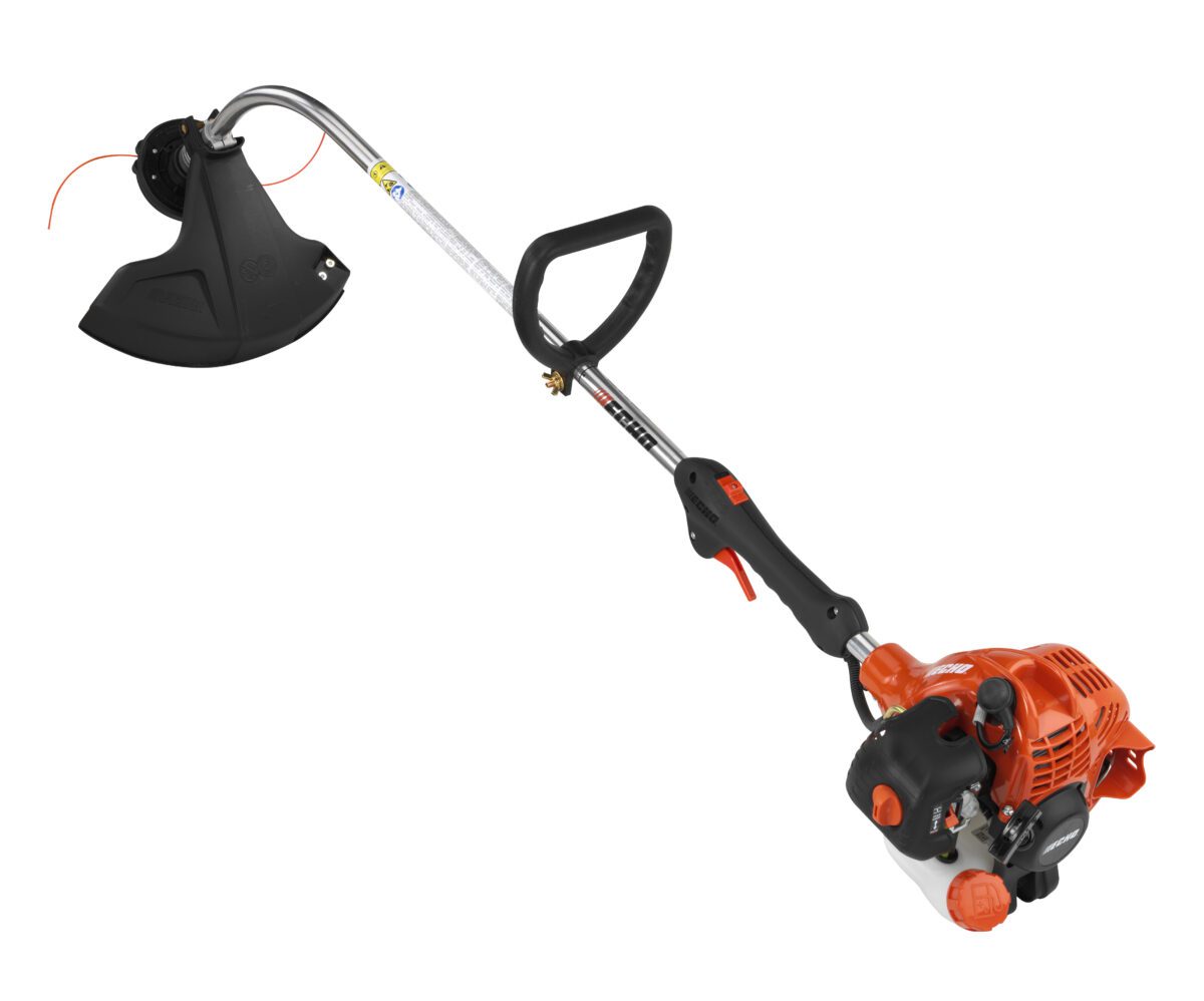 A curved-shaft gasoline string trimmer with an orange engine, black handle, and a protective guard on the cutting head.