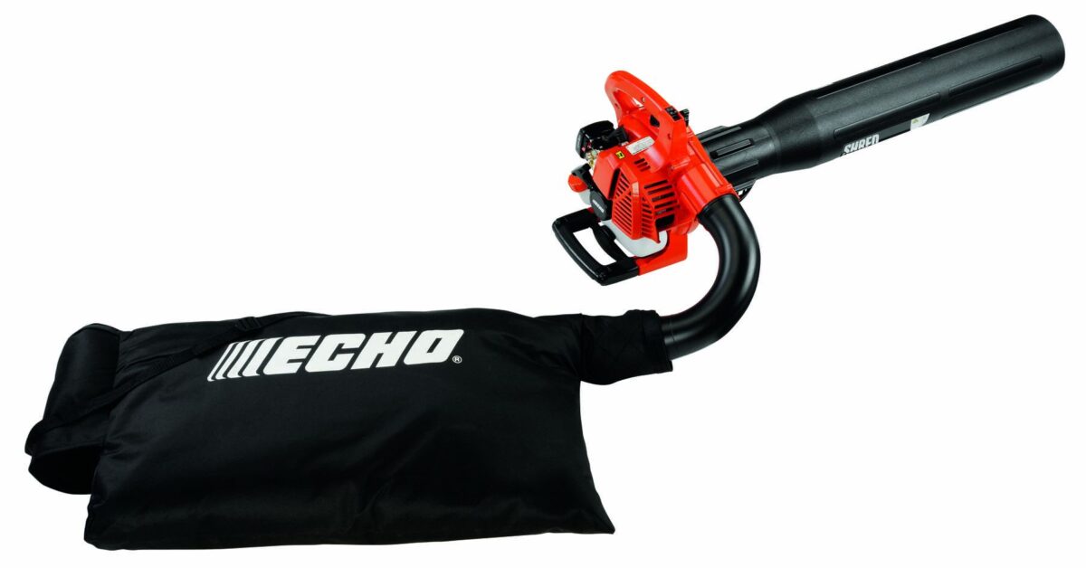 A red and black Echo leaf blower with an attached black collection bag.