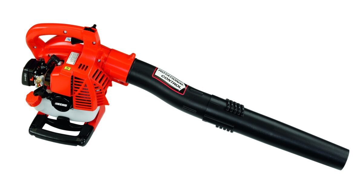 A red and black leaf blower with a long nozzle and an engine on top, designed for outdoor use.