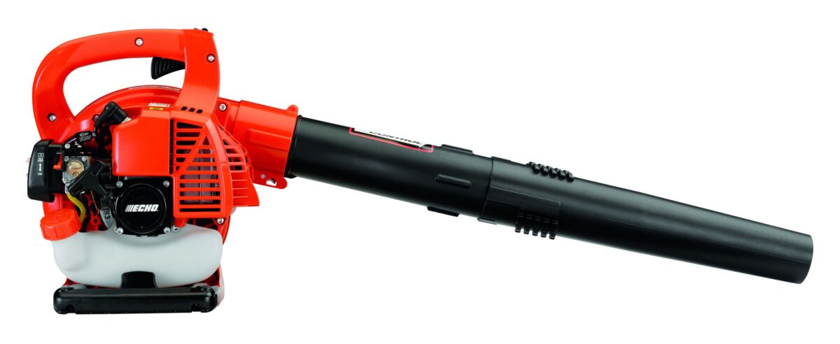 Red and black handheld leaf blower with a gas engine and extended nozzle.