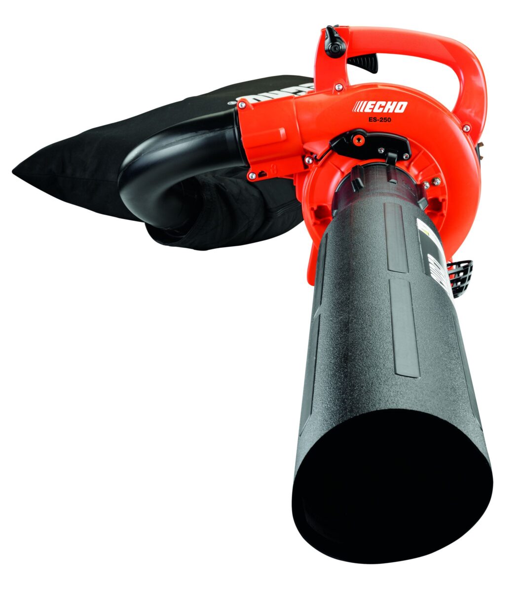Red and black leaf blower with a detachable bag, featuring the brand name "ECHO ES-250" on the unit. The design includes a large nozzle for directing airflow.