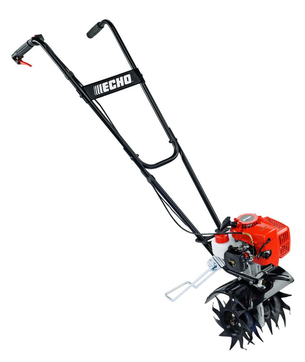 A red and black garden tiller with dual handles and rotating metal blades, designed for soil cultivation, featuring a visible Echo brand logo on the handlebar.