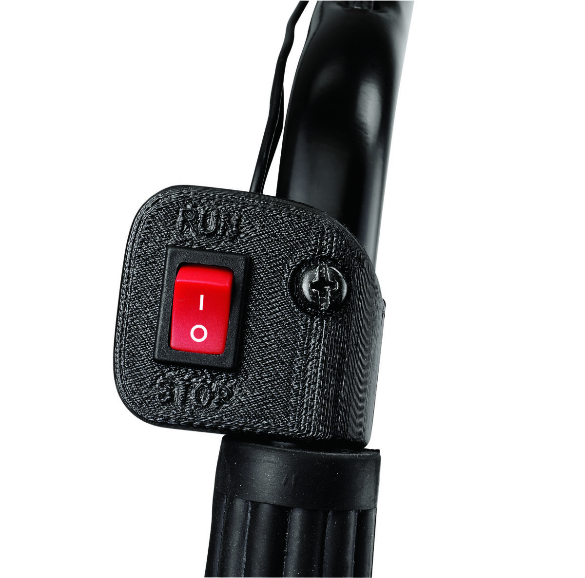 Close-up of a black handlebar with a red switch labeled "RUN" and "STOP" with positions "I" and "O".