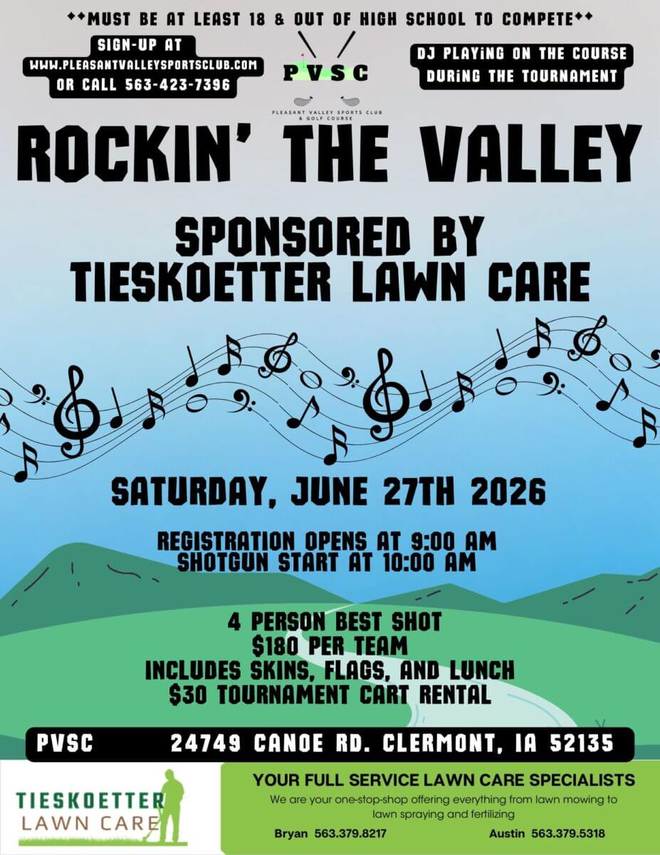 poster of the rockin the valley sponsored by tieskoetter lawn care. All information is listed in this event