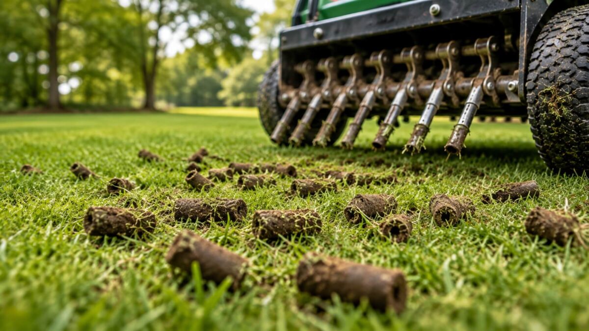 Core aeration equipment removing soil plugs from a green lawn.